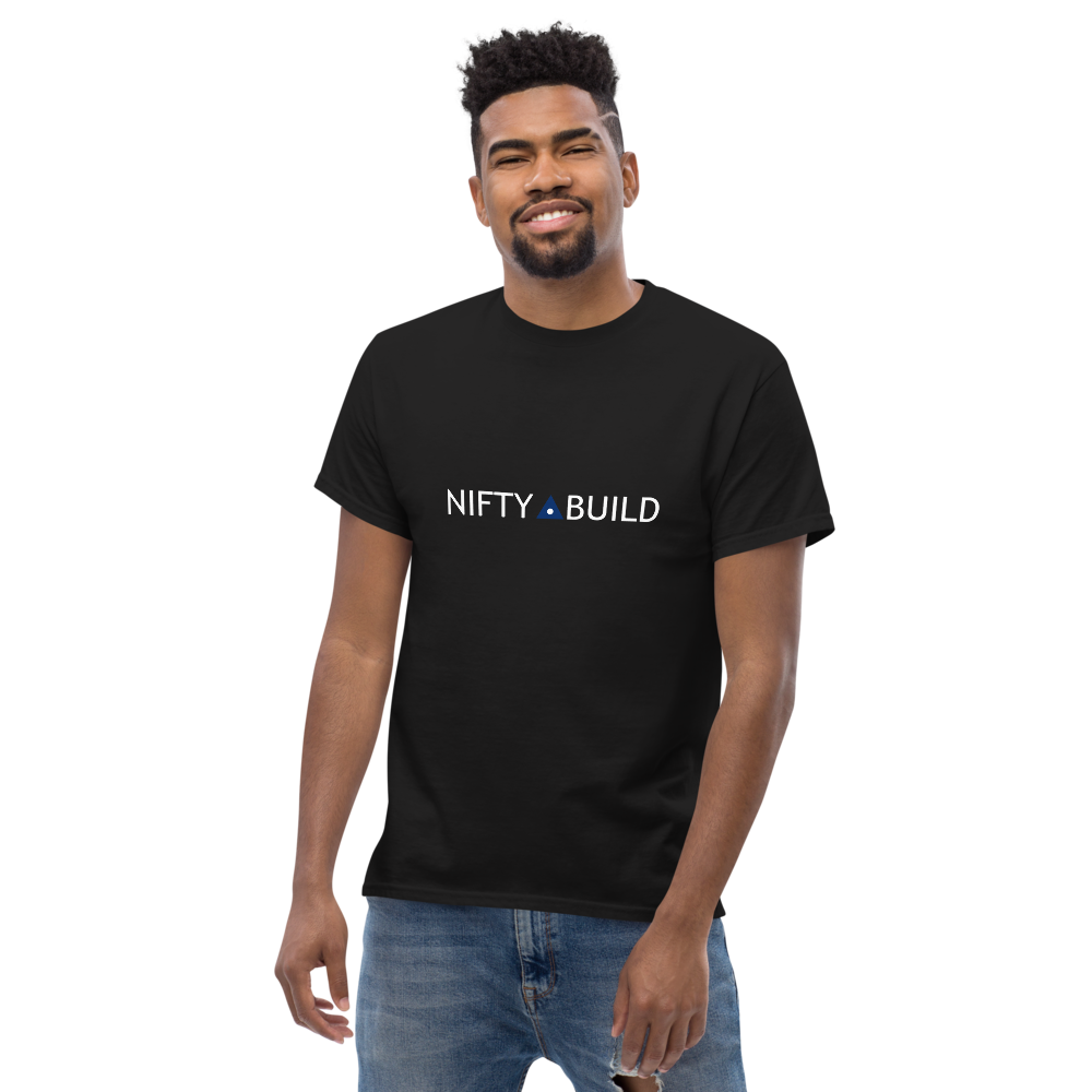 Model wearing a black Nifty Build USA logo tee